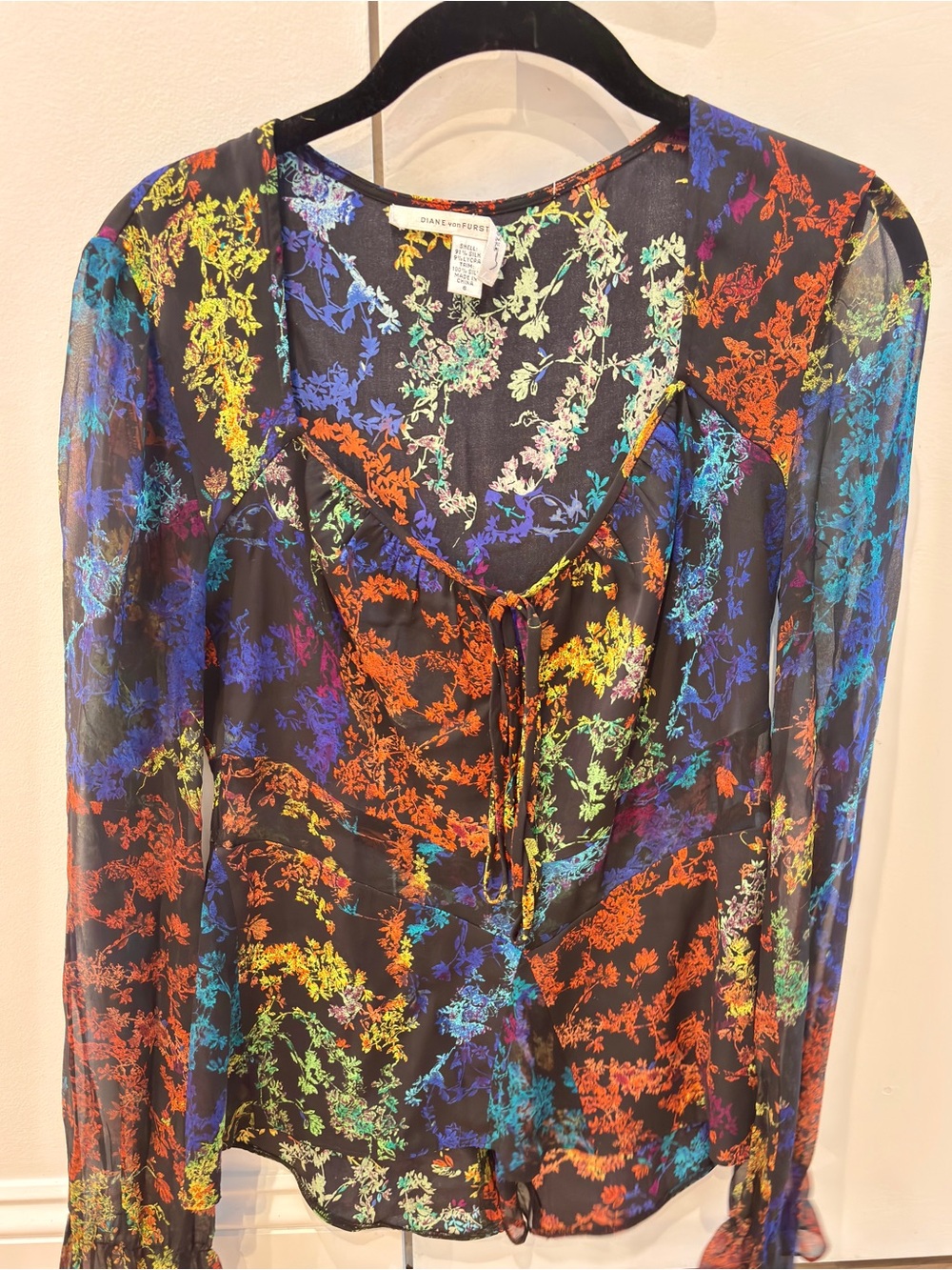 Diane Von Furstenberg Stunning Black Sheer Floral Blouse
